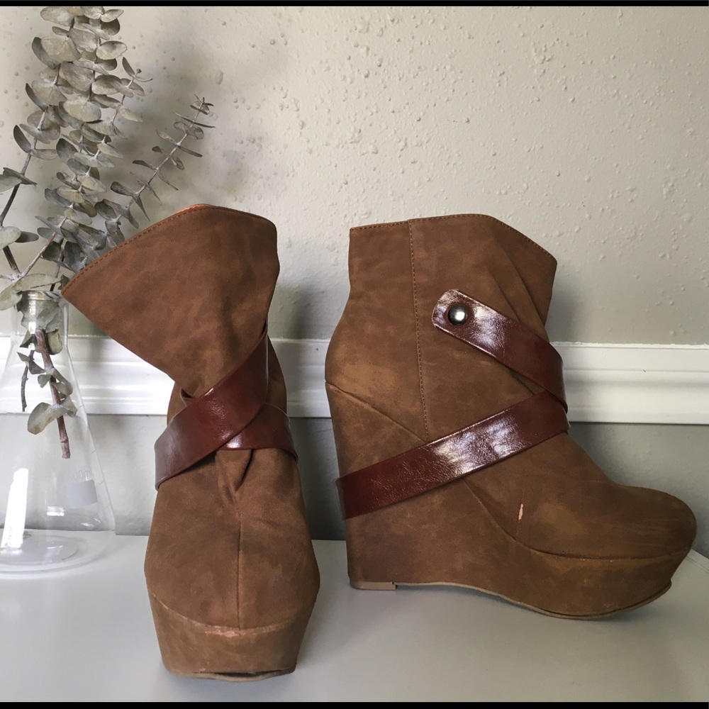Shi suede brown wedge booties with straps size 7.5
